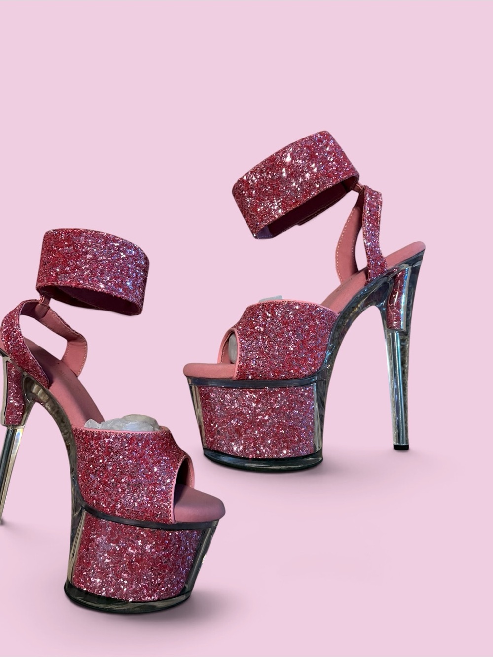 Pink Glitter Platform High Heels with Ankle Strap